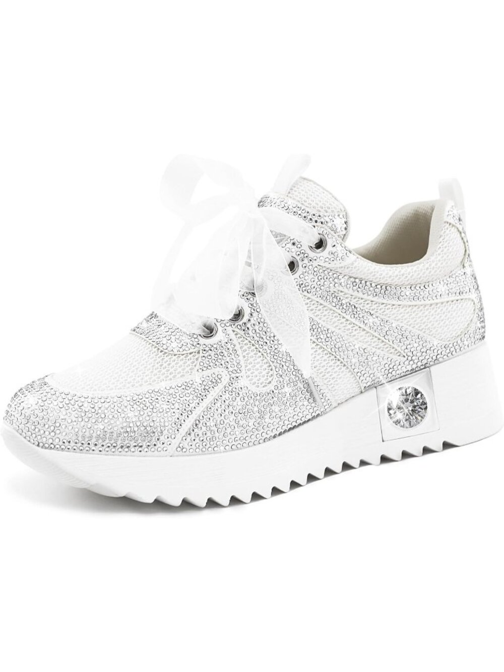 Women's White With Mesh Glitter Sparkly Rhinestone High Top Trendy Sneakers